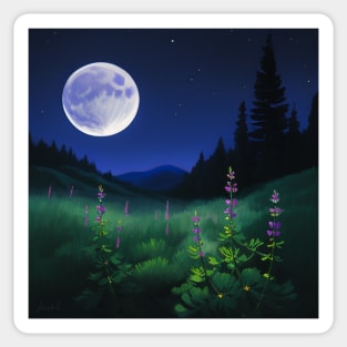 Lupines blooming at night - Purple flowers under a full moon Sticker